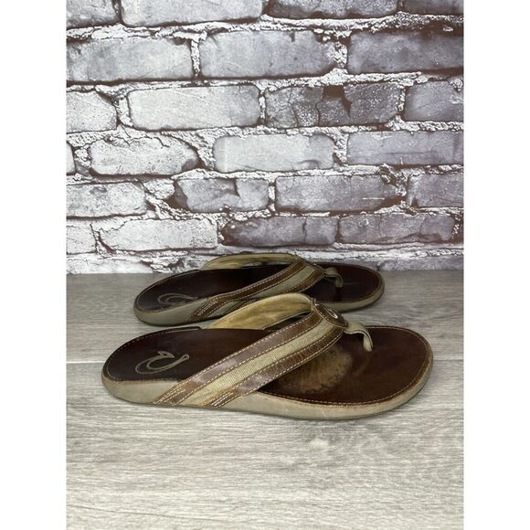 OLUKAI Ikoi Brown Leather Flip Flops Beach Sandals Men Sz 12M US/45EU 10360-1313 - Picture 8 of 16